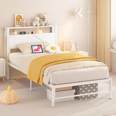 Twin Bed Frames with Charging Station, 2 Tiers Storage Headboard Twin Sized Bed No Box Spring Needed Heavy Duty Metal Platform, White