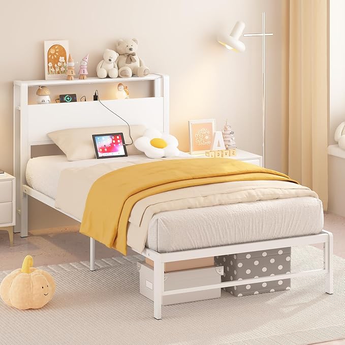 Twin Bed Frames with Charging Station, 2 Tiers Storage Headboard Twin Sized Bed No Box Spring Needed Heavy Duty Metal Platform, White