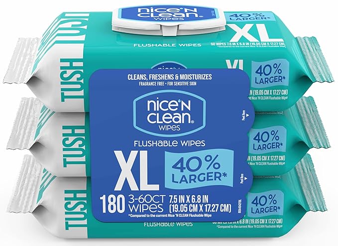 Nice 'N CLEAN Extra Large Flushable Wipes | 40% Larger Wipes | 6.8" x 7.5" Unscented XL Adult Wet Wipes | Septic and Sewer Safe | Fragrance Free, Hypoallergenic, Plant Based | 180 Butt Wipes