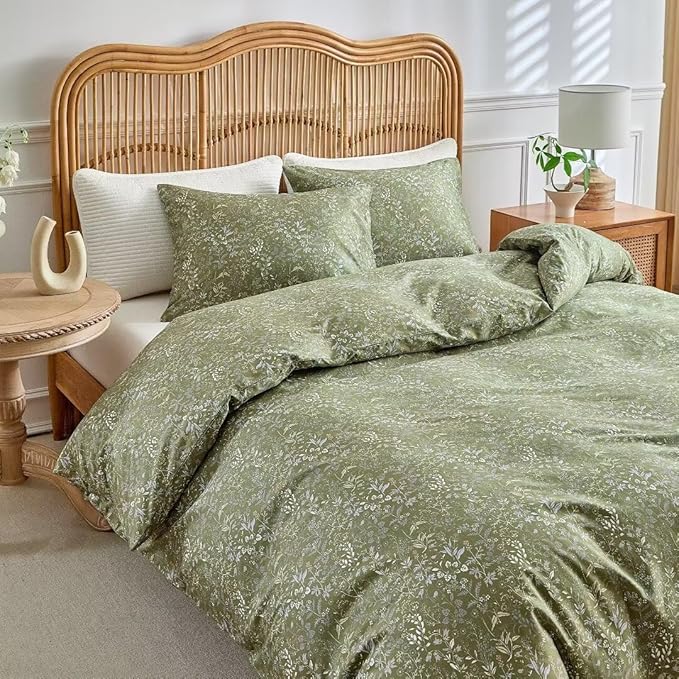 MKXI Vintage Style Comforter Set Queen Size Wildflower Comforter Set Floral Bedding Set Green Floral Duvet Comforter Microfiber Bed Set Soft Reversible Farmhouse Comforter Army Green