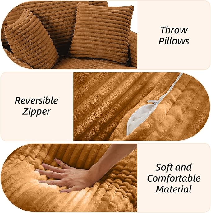 Oversized Chaise Lounge Chair Indoor Corduroy Sofa Bed with Throw Pillows Recliner Chair Comfy Large Deep Seat Sofa Couch for Living Room, Bedroom, Apartment (Orange)