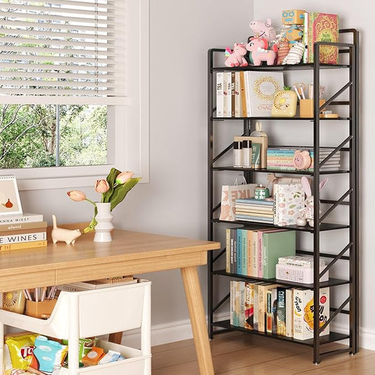 JSB No Assembly Folding Bookshelf, 6 Tier Industrial Metal Book Shelf for Storage, Vintage Wood Foldable Bookcase for Living Room, Bedroom, Office Organization Shelves