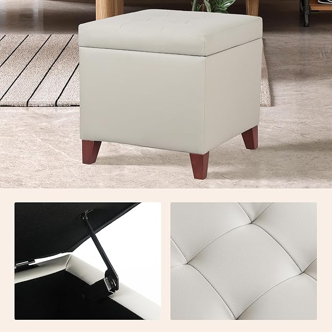 Leather Storage Ottoman with Hinged Lid, Square Foot Rest Stool Tufted Cube Footstool, Beige Grey