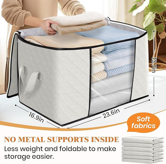 Fab totes 24 Gallons Clothes Storage, Foldable Thick Fabric Blanket Storage Bags, Containers for Organizing Bedroom, Closet, Clothing, Comforter, Organization with Handle (6 Pack,Ivory)