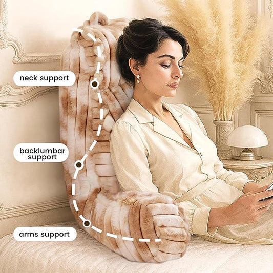 Amélie Home Faux Fur Reading Pillow with Pocket for Sitting in Bed, Adult Backrest Bed Pillow with Washable Cover for Lounging, Study & Relaxing, Tie-dye Khaki 29 inches