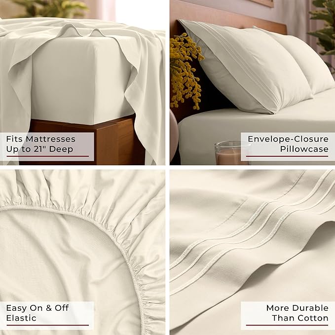 Mellanni Queen Sheet Set - 6-Piece Iconic Collection Bedding, (Including 4 Pillowcases), 21-Inch Extra Deep Pocket, Easy Care, Ultra Soft, Cooling Sheets, Brushed Microfiber - Golden Ivory