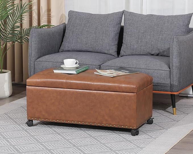 Joveco Storage Ottoman Bench 35" Faux-Leather Rectangular Tufted Ottomans Storage Room Organizer with Wheels(Ochre Yellow)