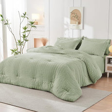 HYMOKEGE Light Green Twin Comforter Set Seersucker 5 Pieces, All Season Luxury Bed in a Bag for Bedroom, Bedding Set with Comforters, Sheets, Pillowcase & Shams