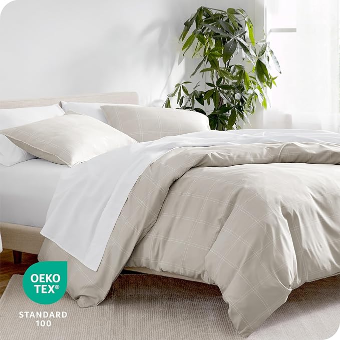 Bare Home Bedding Duvet Cover Full Size - Premium 1800 Super Soft Collection - Lightweight, Duvet Cover - Soft Textured Bedding (Full, Modern Plaid - Stone/White)