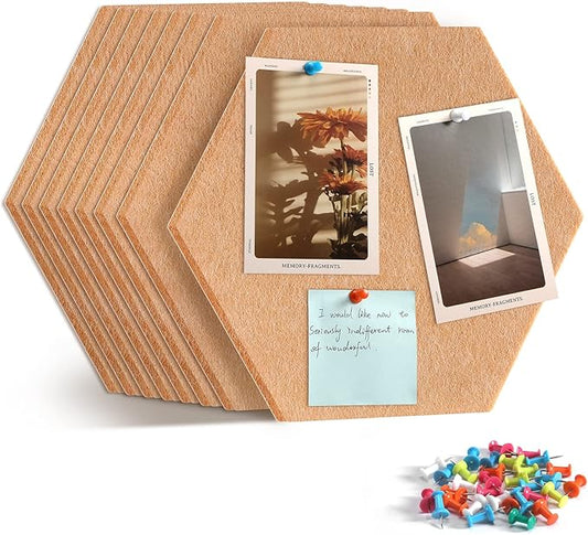 12" Large Bulletin Board with 30 Push Pins, Pack of 8 Hexagon Felt Pin Board Notice Boards for Home Office, Felt Wall Tiles for Photos Memos (Brown)