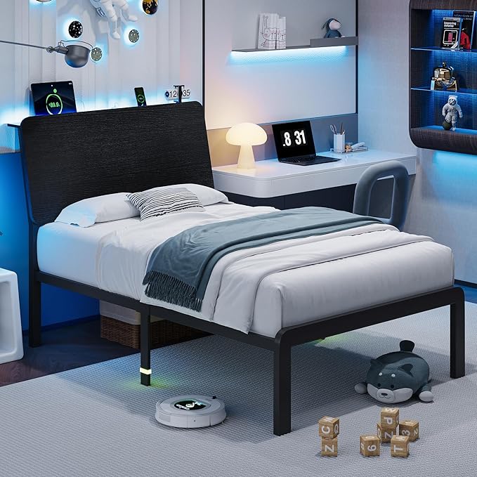 iPormis Metal Twin Bed with Ergonomic Wooden Headboard, Platform Beds with LED Lights and Charging Station, Sturdy Steel Slats Supports, No Box Spring Needed, Noise-Free, Easy Assembly, Black
