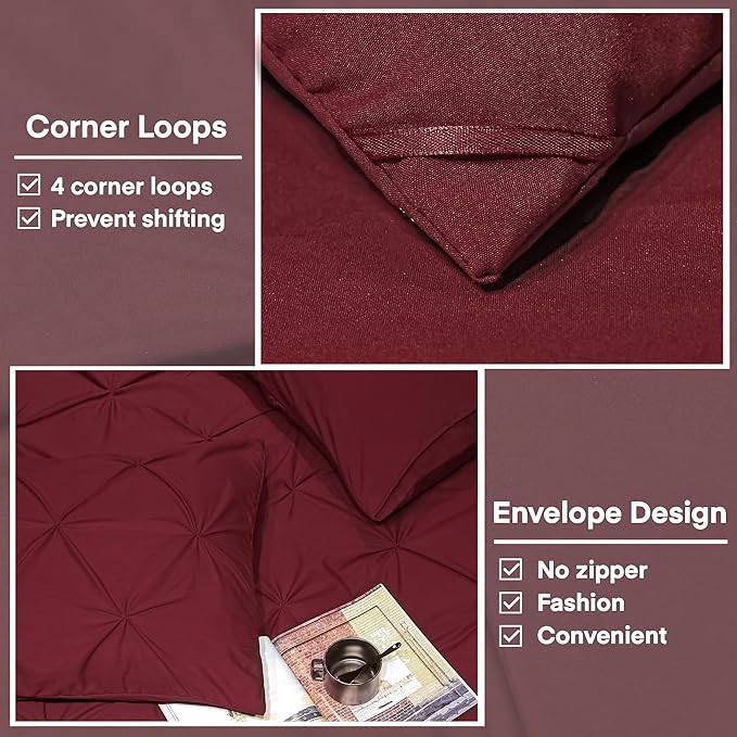 Andency Burgundy Comforter Set King(104x90Inch), 3 Pieces(1 Pinch Pleat Comforter and 2 Pillowcases) All-Season Pintuck Comforter Set, Soft Lightweight Microfiber Bedding Set