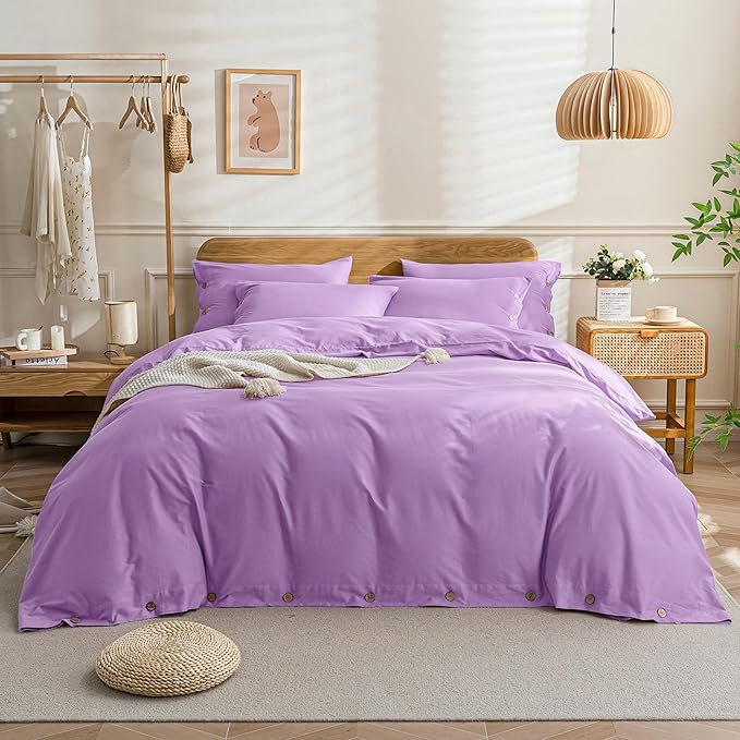 JELLYMONI Cotton Duvet Cover Queen Size - Light Purple Comforter Cover with Button 100% Washed Cotton 3PCS Breathable Soft Solid Bedding Set Duvet Cover 90×90in & 2 Pillowcases (NO Comforter)