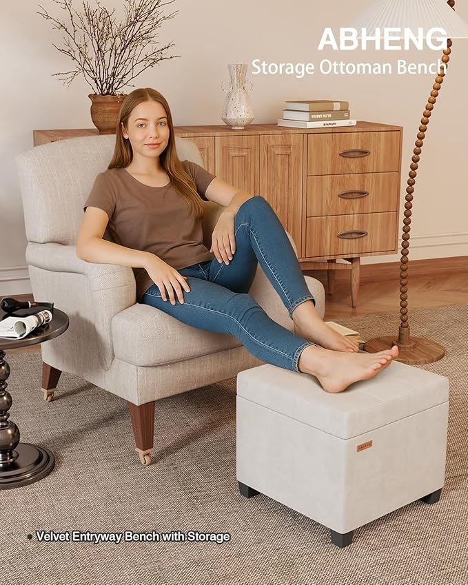 17.7 inches Velvet turfed Ottomans Cube with Storage, Metal-Framed Square Linen Storage Ottoman Foot Rest Stool Holds 770 LB for Dorm Living Room Bedroom White UASND64W