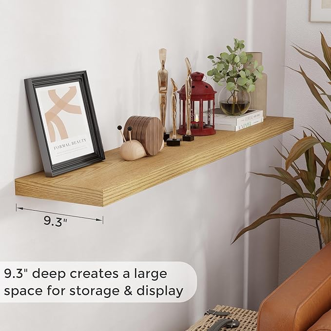 Fun Memories 55 Inch Floating Shelves for Wall, 55x9.3 Large Floating Shelf for Bedroom, Kitchen, Bathroom, Wall Mounted Rustic Wood Shelves with Invisible Bracket for Books, Decor, Oak