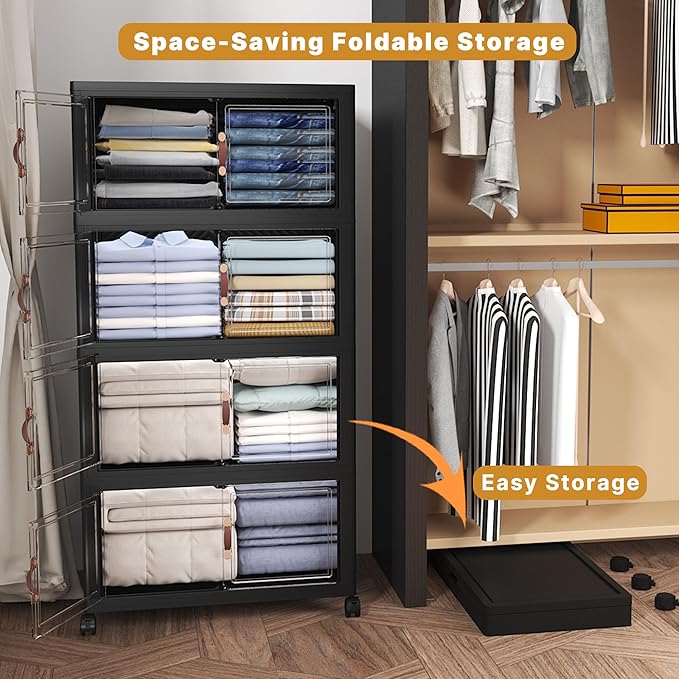 Extra Large Stackable Storage Bins with Lids & Wheels & Door, 448QT-112QT/28GAL*4Pack Foldable Collapsible Closet Organizers, Plastic containers drawers for bedroom Dorm