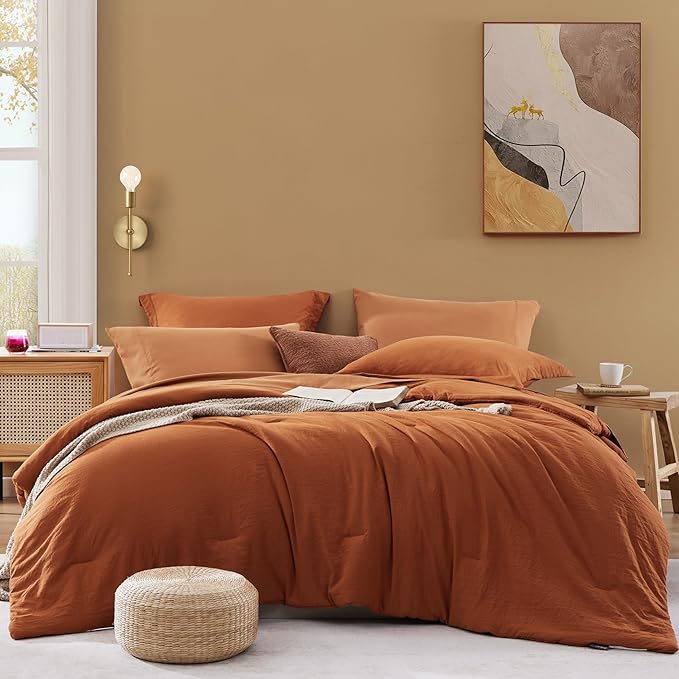 WRENSONGE Full Size Comforter Sets, 7 Pieces Soft Burnt Orange Fall Bed in a Bag with Fitted Sheet, Flat Sheet, 2 Pillow Shams, 2 Pillowcases, Warm Bedding Sets for All Seasons