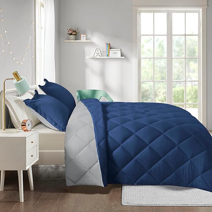 HIG 3pc Navy Twin/Twin XL Comforter Set - All Season Reversible Down Alternative Comforter with Sham - Quilted Duvet Insert with Corner Tabs - Diamond Stitched Blanket - Breathable, Soft, Fluffy