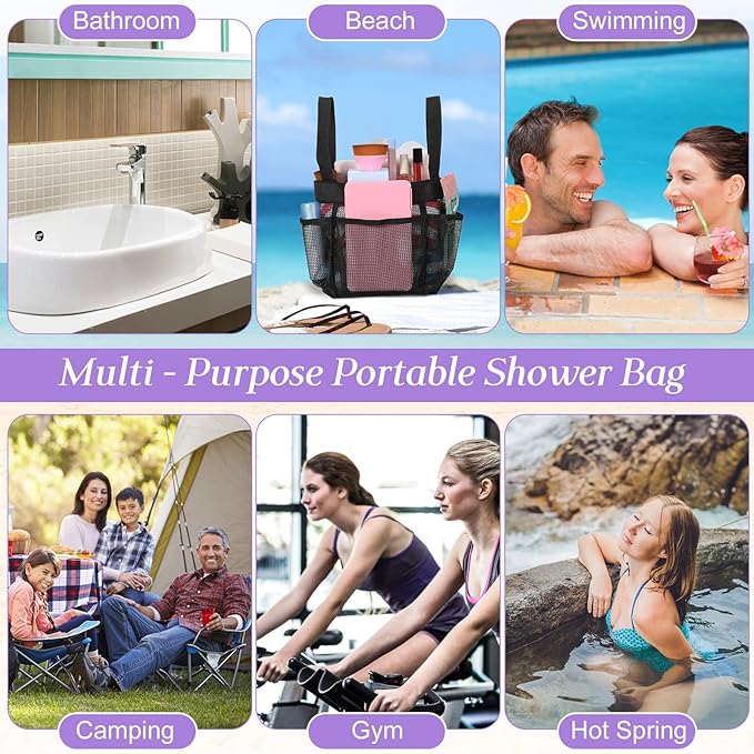 Hillban 4 Pcs Mesh Shower Caddy Portable Large Quick Dry Shower Caddy Basket with Deeper 8 Pockets and 2 Handles Hanging Bag for College Dorm Room(Blue, Purple, Black, Gray)