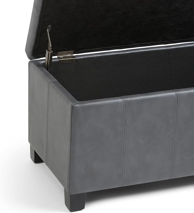 SIMPLIHOME Dover 36 inch Wide Contemporary Rectangle Storage Ottoman Bench in Stone Grey Vegan Faux Leather, Assembled, for the Living Room, Entryway and Family Room
