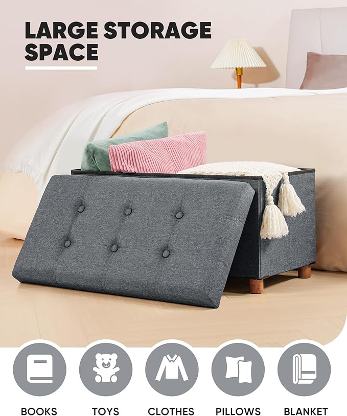 B FSOBEIIALEO Storage Ottoman with Tray, Foot Stools and Ottomans with Legs, Storage Cube Seat Linen Grey 30"