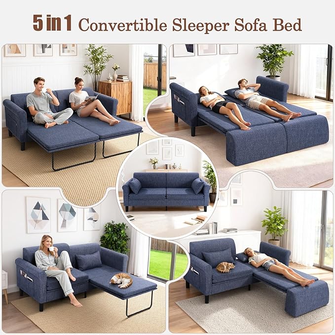 SEJOV 74" Convertible Sofa Bed, 5-in-1 Loveseat Sleeper Sofas with Pull Out Couch Bed, Storage Pockets & 2 Pillows, Modern Folding Linen Futon Couch for Living Room, Bedroom, Small Space, Blue