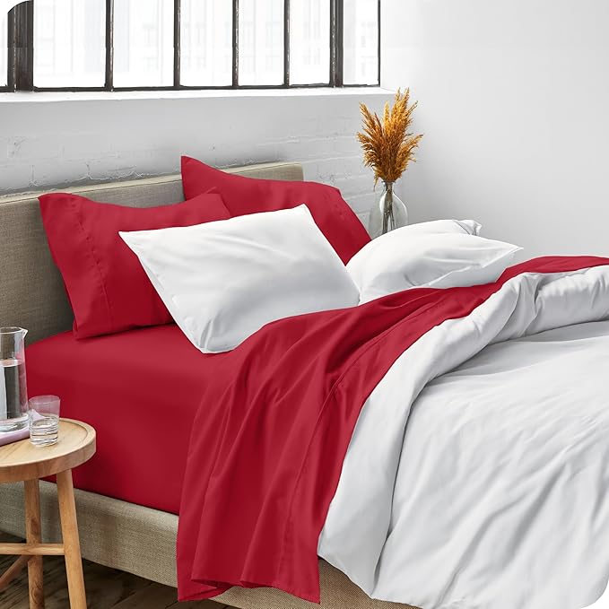 Bare Home Full XL Sheet Set - Luxury 1800 Ultra-Soft Microfiber Full Extra Long Bed Sheets - Double Brushed - Deep Pockets - Easy Fit - 4 Piece Set - Bedding Sheets & Pillowcases (Full XL, Red)