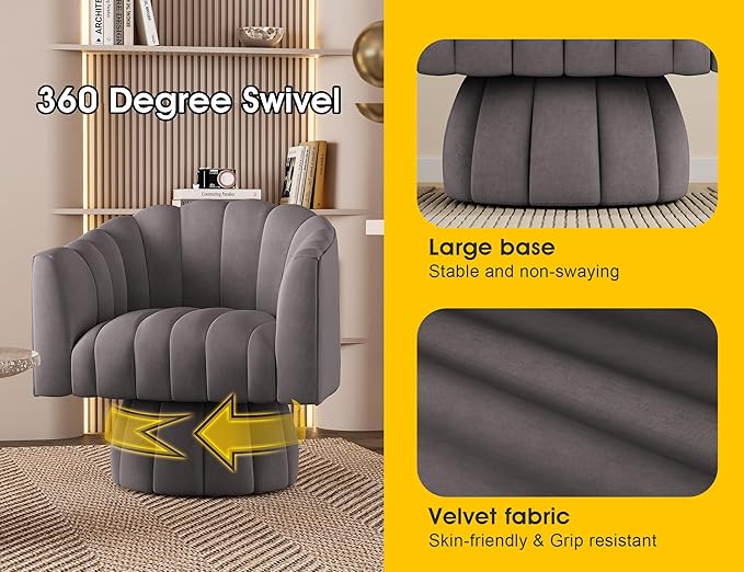 Accent Chair Mid Century 360 Degree Swivel Chair,Modern Lounge Sofa Round Barrel Chair with Wide Upholstered,Fluffy Velvet Fabric Chairs for Home Sofa Living Room/Bedroom/Waiting Room (Grey)