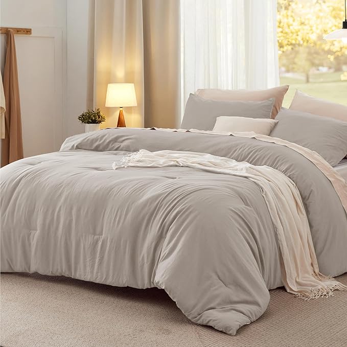 Bedsure Queen Size Comforter Set, Linen Soft Prewashed Bedding for All Seasons, 3 Pieces GentleSoft™ Warm Down Alternative Bed Set, 1 Lightweight Comforter (90"x90") and 2 Pillowcases (20"x26")