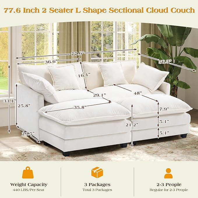 77.6" Modular Sectional Sofa,Loveseat Couch for Living Room, Modern Deep Seat Sofa 2 Seater Chenille Fabric Comfy Cloud Couches with Throw Pillows & Ottoman for Apartment,Small Spaces