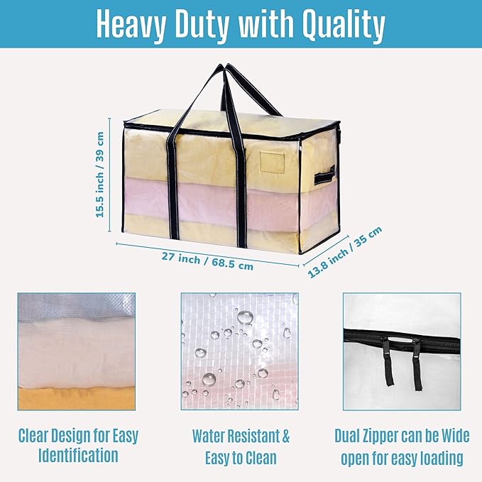 VENO 4 Pack Moving Bags & Large Christmas Storage Bins with lids for Decorations, Garland, Lights. Moving Boxes Packing Supplies for College Dorm. Extra Large Heavy Duty Totes (Clear-4 Pack)