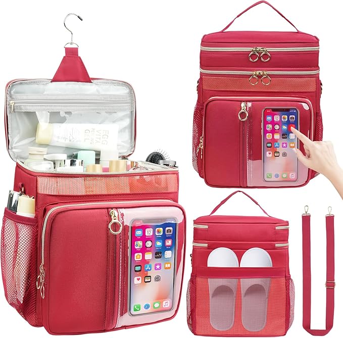 Portable Shower Caddy College, Quickly Dry Tolietry Mesh Tote Bag for Dorm Room Essentials, Hanging Bathroom Organizer Bag for Travel, Gym, Camping (Wine Red)