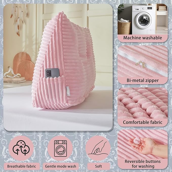 Headboard Wedge Pillow + A Long Neck Roll Pillow Body Pillow，Large Headboard Pillow with Removable Cover (Pink, Queen：59x8x20 inches)