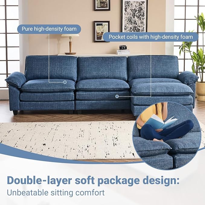 VINGLI 121" Cloud Linen Couch, Comfy Modular Sectional Sofa Set for Living Room,Modern 3-Seat Convertible Loveseat Sofa with 1 Ottoman for Small Space, Blue