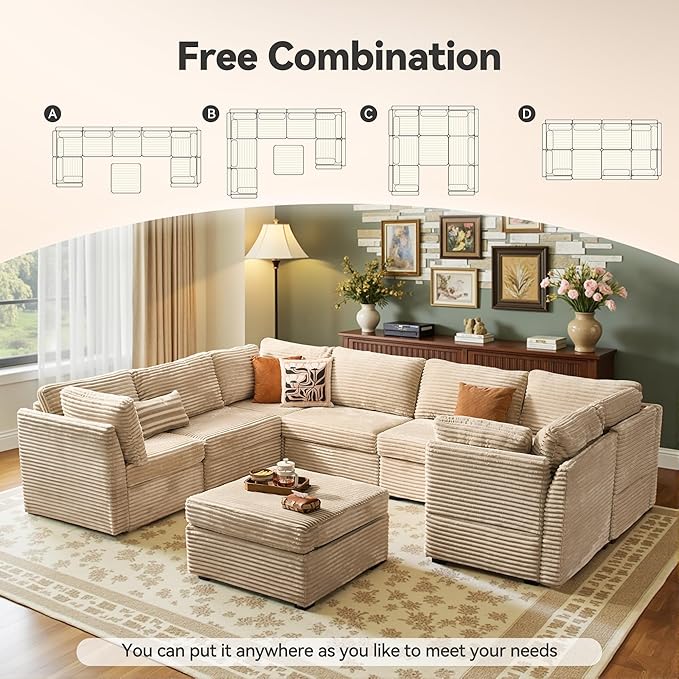 Large 8 Seat Modular Sectional Sofa with Ottoman Seat Corduroy Sleeper Sectional Sofa Bed Oversized Convertible Modular Couch for Living Room