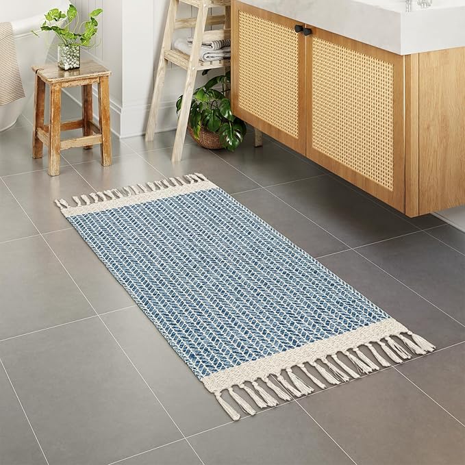 Lahome Boho Laundry Room Rug Runner, 2x4.3 Bathroom Runner Rug Lightweight Kitchen Rugs Woven Cotton Throw Mat with Tassels, Farmhouse Washable Blue Rugs Low Pile for Bedroom Door Mat