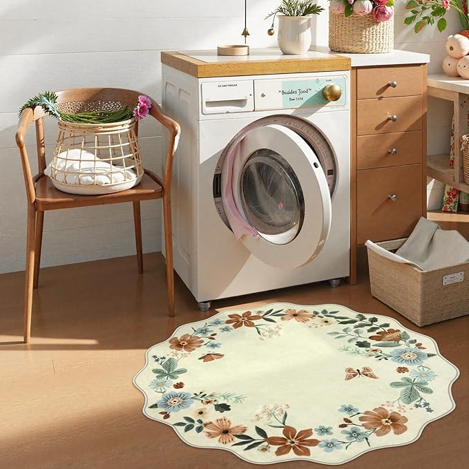 Lahome Floral Round Area Rugs, Washable Small Round Rug 3ft Non-Slip, Soft Boho Ultra-Thin Circle Carpet for Bedroom Entryway Kitchen Laundry Bathroom, Beige