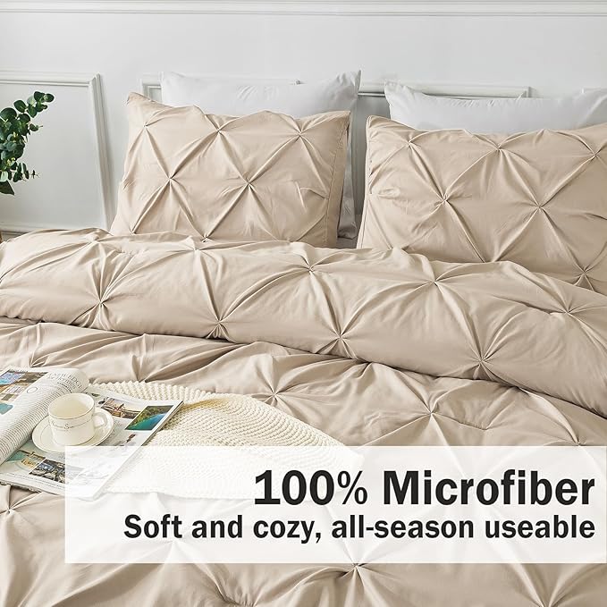 Andency Khaki Pinch Pleated Comforter Set King (104x90Inch), 3 Pieces Pintuck Microfiber Down Alternative Beddding Set(1 Pintuck Comforter, 2 Pillowcases)