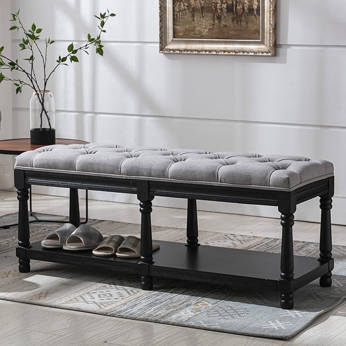 chairus Storage Bench 45.5 "W Extra-Long Button Tufted Entryway Bench with Wood Shoes Rack End of Bed Bench with Fabric Linen Upholstered Rectangular Seat for Bedroom Hallway Living Room Window, Grey