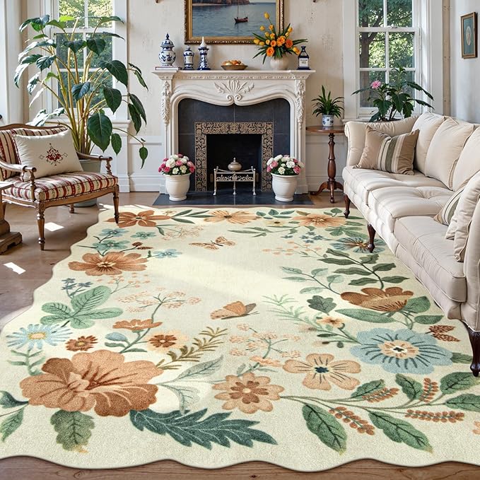 Lahome Floral 9x12 Area Rugs for Living Room Bedroom, Soft Washable Rugs 9x12 Stain Resistant, Ultra-Thin Non-Slip Boho Dining Room Rug Non-Shedding Accent Carpet for Office(9x12ft,Beige)