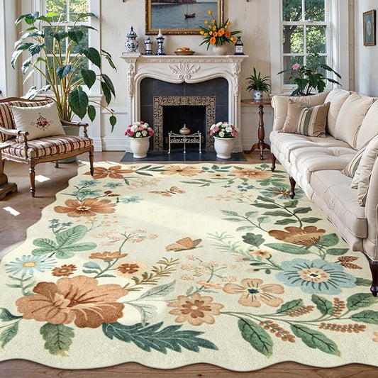Lahome Floral 9x12 Area Rugs for Living Room Bedroom, Soft Washable Rugs 9x12 Stain Resistant, Ultra-Thin Non-Slip Boho Dining Room Rug Non-Shedding Accent Carpet for Office(9x12ft,Beige)