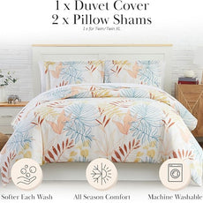 Southshore Fine Living, Inc. Tropical Pattern Duvet Cover Queen Size Boho Set, 1 Patterned Duvet Cover, 2 Pillow Shams, Full Size, Queen Size Bedding, Machine Washable, Full/Queen, Tropic Leaf Cream