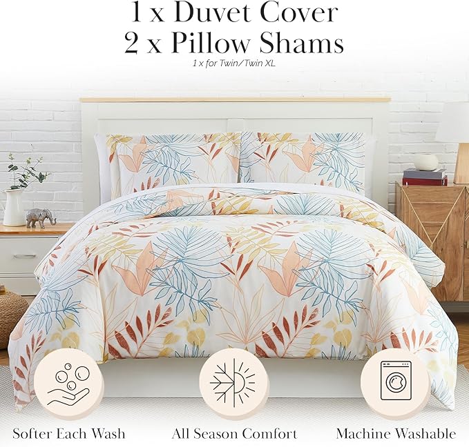 SouthShore FINE LIVING Tropic Leaf Collection - Premium Quality, Soft, Wrinkle, Fade, & Stain Resistant, Easy Care, Oversized Duvet Cover Set, Twin / Twin XL