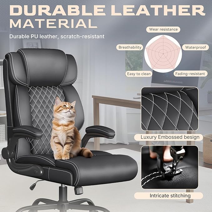 Office Chair, Ergonomic Big and Tall Executive Desk Chair, Breathable Leather Chair with Adjustable Flip-up Armrests, Lumbar Support Swivel Computer Chair with Rocking Function(Black)