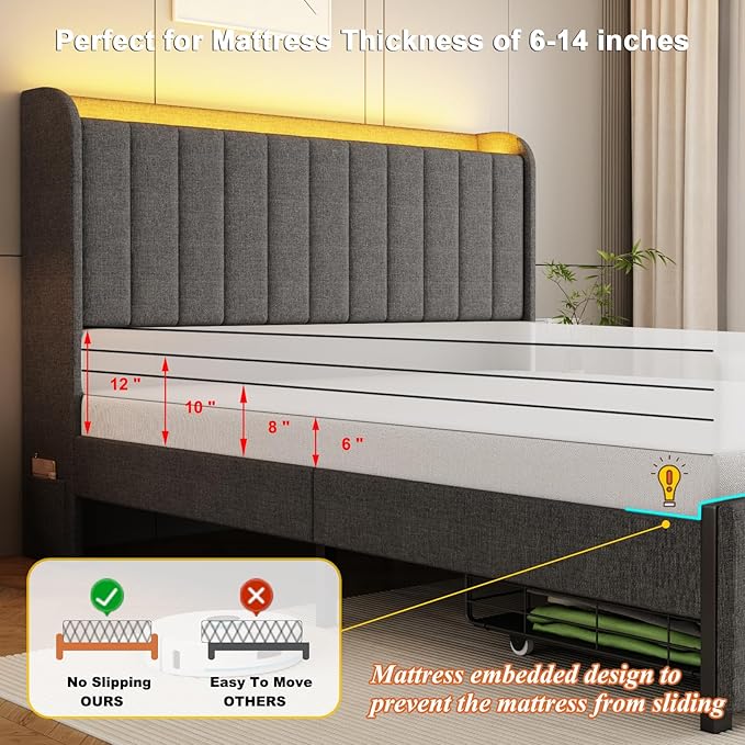 Full Size Bed Frames with Storage Headboard and 2 Drawers, Upholstered Platform Bed Frame Full with Led Lights and Handy Charging Station, No Box Spring Needed, Easy Assembly, Noise Free, Gray