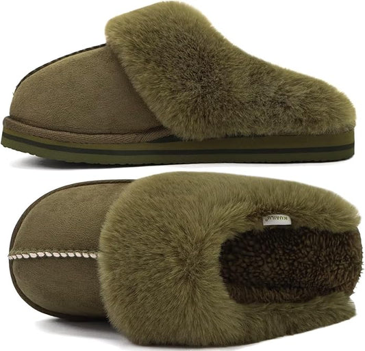 KuaiLu Womens Fluff Dual Memory Foam Slippers Ladies Cozy Arch Support Warm Scuff Slippers Slip on Comfy Winter House Shoes with Non-Slip Indoor Outdoor Hard Sole