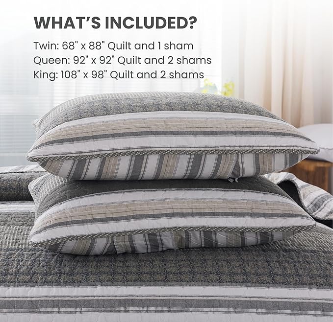 Soul & Lane Madrona 3-Piece Pieced Cotton Quilt Set - Queen Size with 2 Shams, Modern Masculine Quilted Bedspread in Brown and Gray, Contemporary Striped Bedding for Men's Bedroom