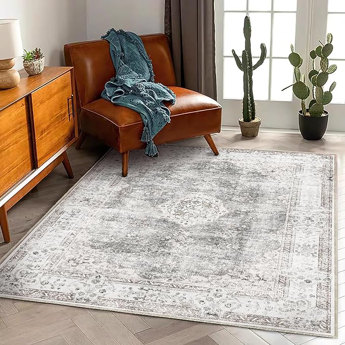 Washable Area Rug 3'x5' Vintage Traditional Floor Cover Foldable Thin Rugs Retro Kitchen Indoor Distressed Non Slip Carpet Floral Print Mat Bedroom Living Room