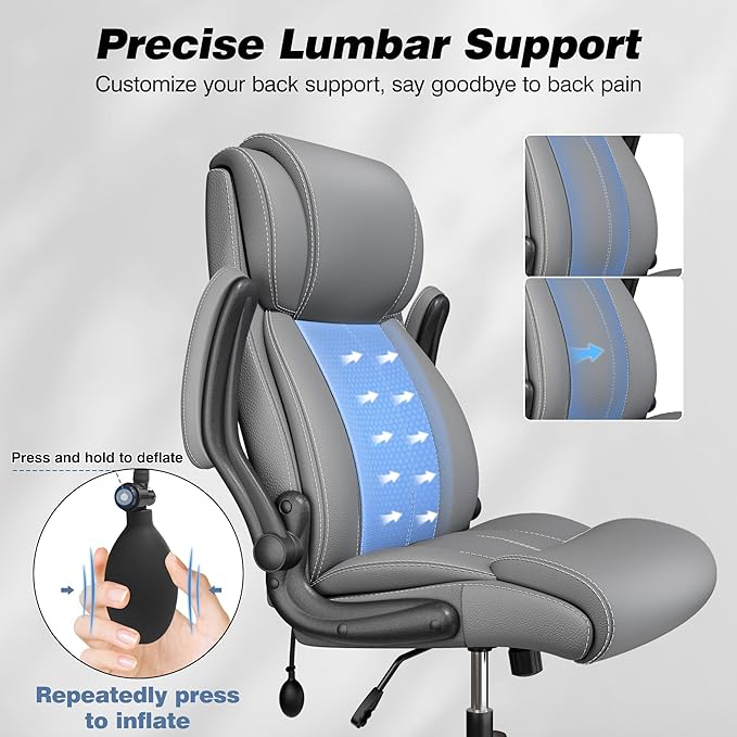 Ergonomic Office Chair - Desk Computer Chair, Leather High Back Executive Chairs with Adjustable Lumbar Support for Adults, Rolling Swivel Tilt, Gray