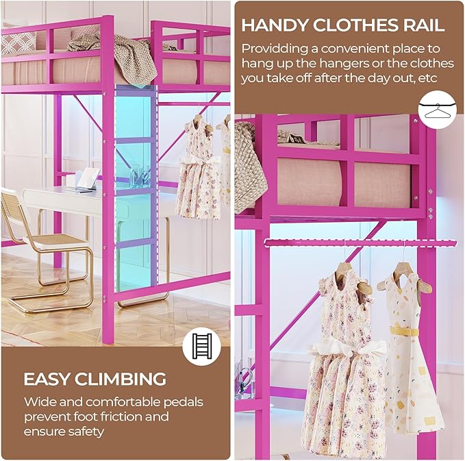 DICTAC Loft Bed Twin Size with Ladder and Guardrail,Metal Twin Loft Bed with Led Lights,Pink Loft Bed for Girls,Small Space Saving Design for Bedroom,Kid Room and Dorm,No Box Spring Needed, Pink